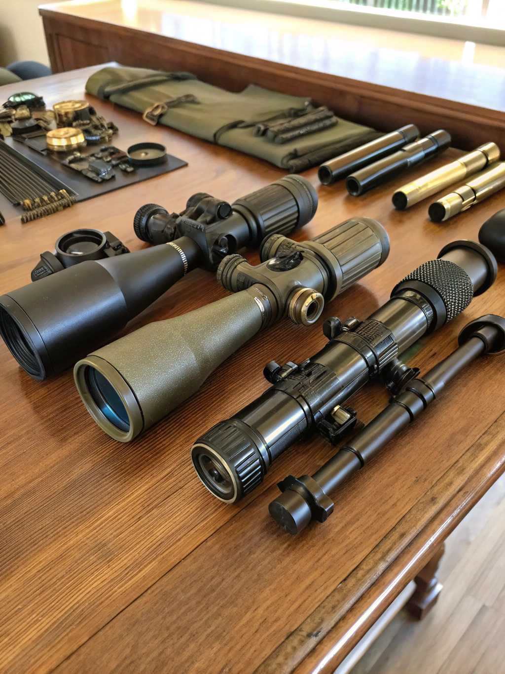 Close up of high-end tactical optics and firearm components on a workbench