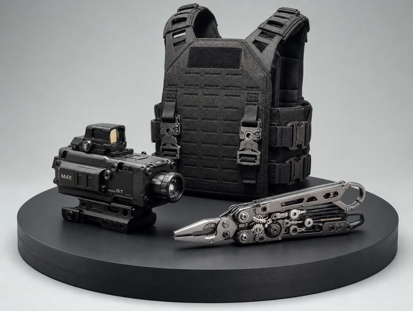 High-contrast cinematic shot of tactical gear and optics on a rugged field surface