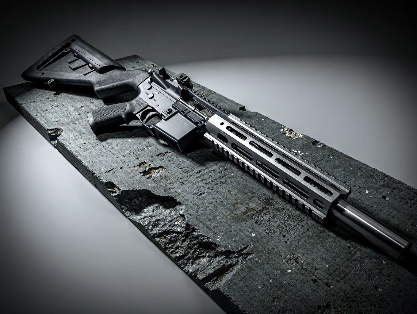 High-contrast tactical gear display on dark metallic surface